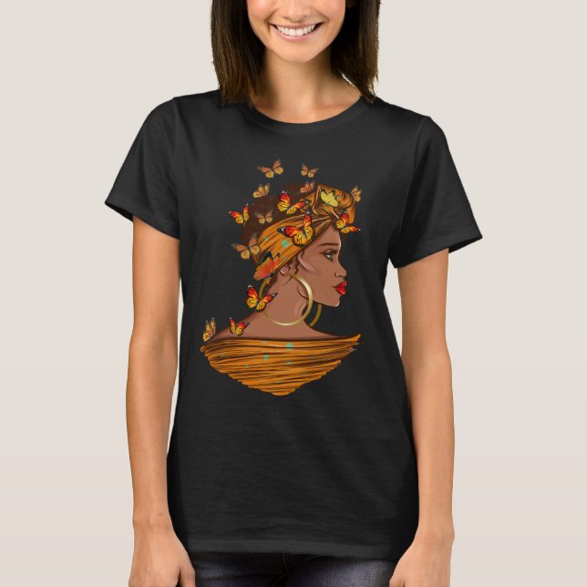 Afro African Woman Butterflies Black Queen History T-Shirt (Front)