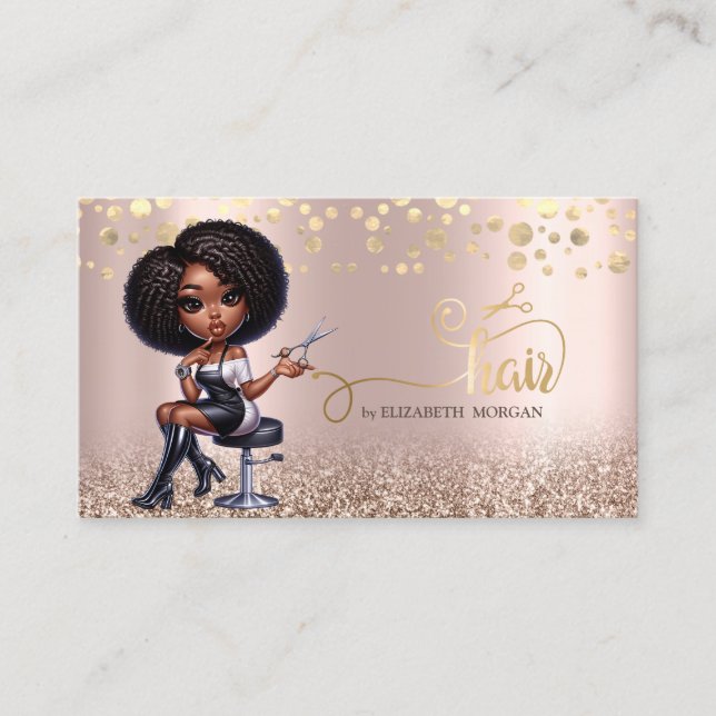 Afro American Woman Scissors Rose Gold Glitter Business Card (Front)