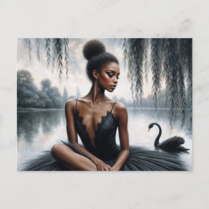 Afro Ballerina in Black Tutu With Swan Moody Art Postcard