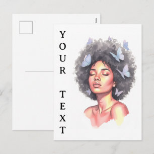 Afro Beauty with Butterflies – Watercolor Portrait Holiday Postcard