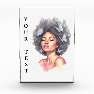 Afro Beauty with Butterflies – Watercolor Portrait Photo Block