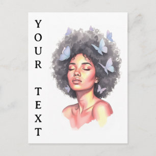 Afro Beauty with Butterflies – Watercolor Portrait Postcard