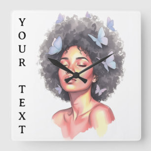 Afro Beauty with Butterflies – Watercolor Portrait Square Wall Clock