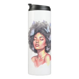 Afro Beauty with Butterflies – Watercolor Portrait Thermal Tumbler