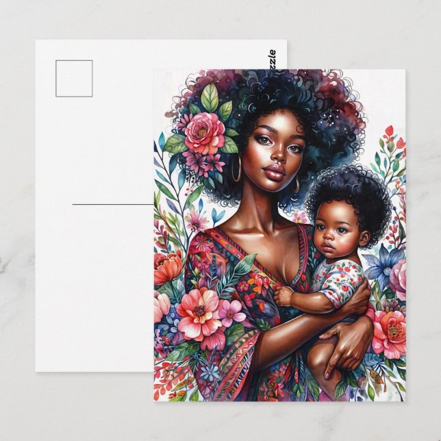 Afro Black Mother and Baby Floral Watercolor Postcard (Front/Back)