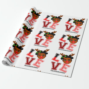 Afro Black Reindeer Christmas Girl Santa Red Nose Wrapping Paper