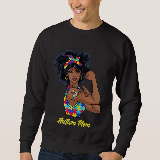Afro Black Woman Autism Mom Awareness Tattoo Jigsa Sweatshirt (Front)