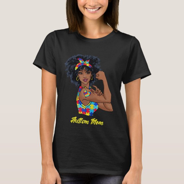 Afro Black Woman Autism Mom Awareness Tattoo Jigsa T-Shirt (Front)