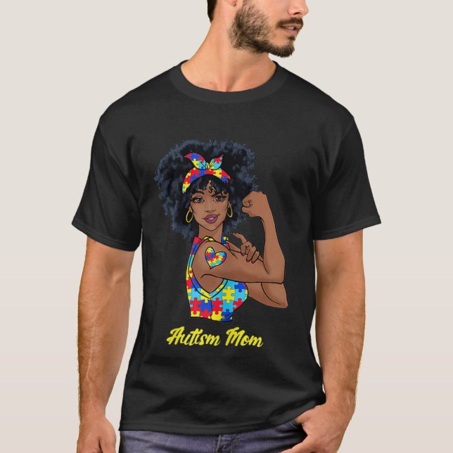 Afro Black Woman Autism Mom Awareness Tattoo Jigsa T-Shirt (Front)