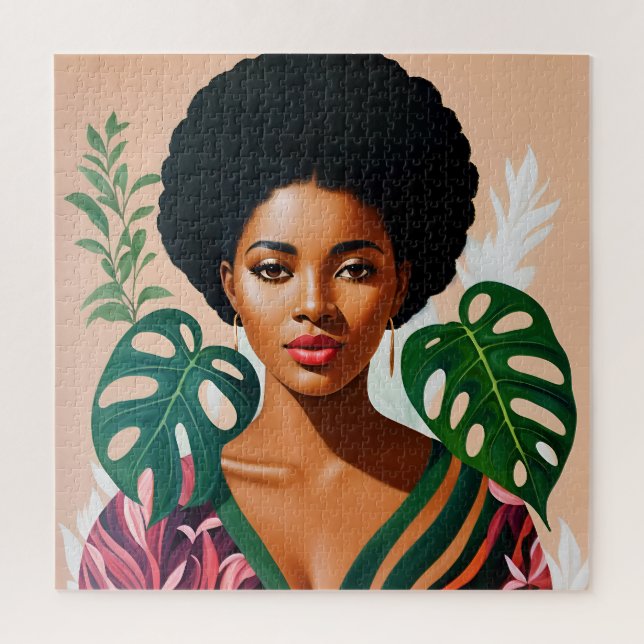 Afro Black Woman Monstera Deliciosa Botanical Jigsaw Puzzle (Vertical)