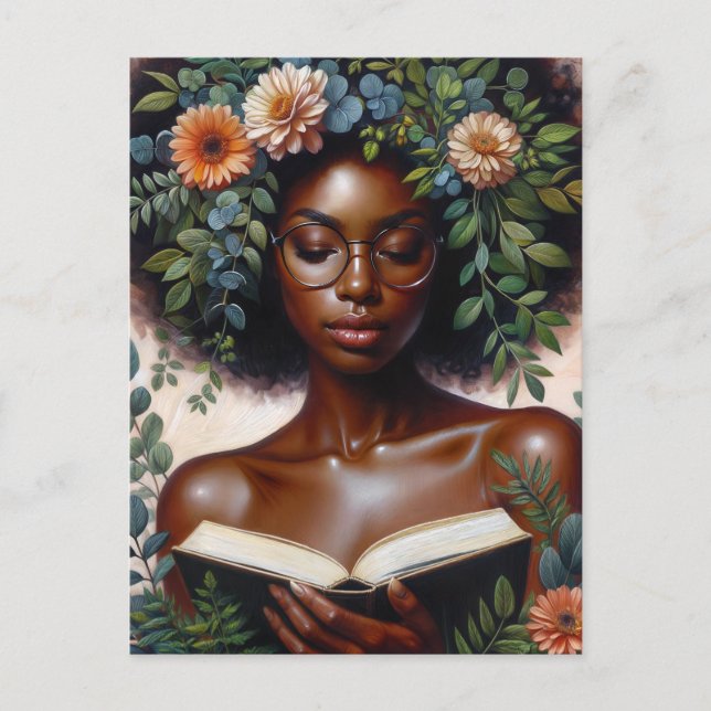 Afro Botanical Woman Reading Book Postcard (Front)