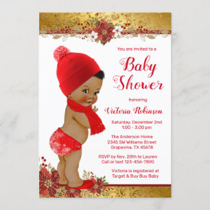 Afro Boy Red Gold Christmas Baby Shower Invitation