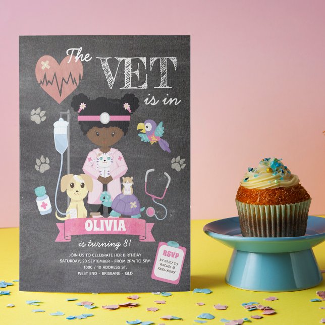 Afro Chalkboard Girl Vet Birthday Party Invitation (This girl’s vet birthday invitation is just the right medicine to give your little one celebration!)