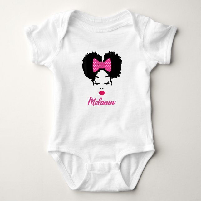 Afro Diva Pink Lips Bow Tie Black Girl Magic Puffs Baby Bodysuit (Front)