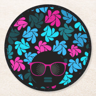 Afro Diva Turquoise & Hot Pink Round Paper Coaster