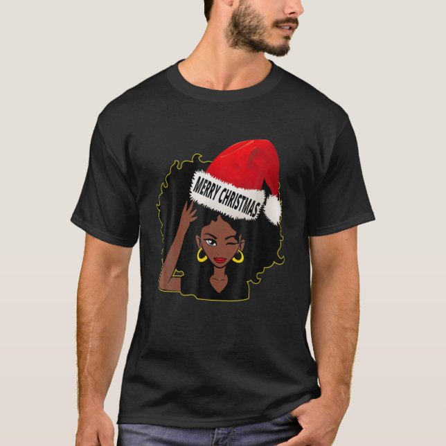 Afro Diva Winking Eye Merry Christmas Melanin Quee T-Shirt (Front)