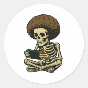 Afro Gamer Skeleton Playing Video Game Retro Funny Classic Round Sticker