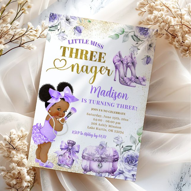 Afro Girl Purple Gold Little Miss Threenager Party Invitation (Creator Uploaded)