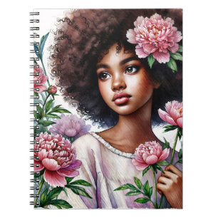Afro Girl With Peonies Watercolor Notebook