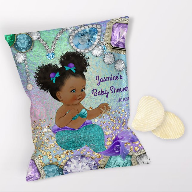Afro Jewel Mermaid Baby Shower Chip Bag Wrappers (1 ounce snack bag wrapper flyer. )