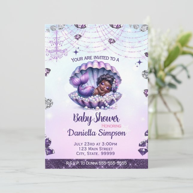Afro Mermaid Baby Shower Invitation  (Standing Front)