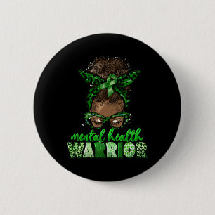 Afro Messy Bun Leopard Green Ribbon Mental Health 6 Cm Round Badge