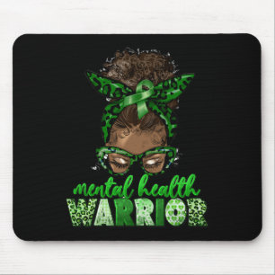 Afro Messy Bun Leopard Green Ribbon Mental Health Mouse Pad