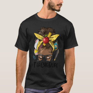 Afro Messy Bun Teacher Life Back To School Suppli T-Shirt