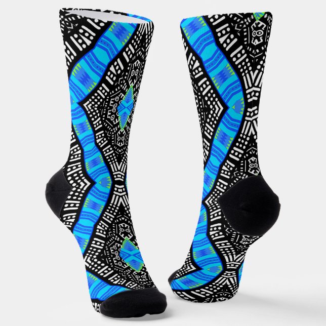 Afro Pop Colourful Black And Blue Kente Socks (Angled)
