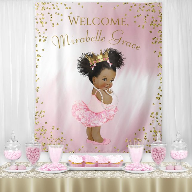 Afro Princess Baby Shower Backdrop Banner Tapestry (Cute pink and gold princess baby shower backdrop. Simply add your own text.)