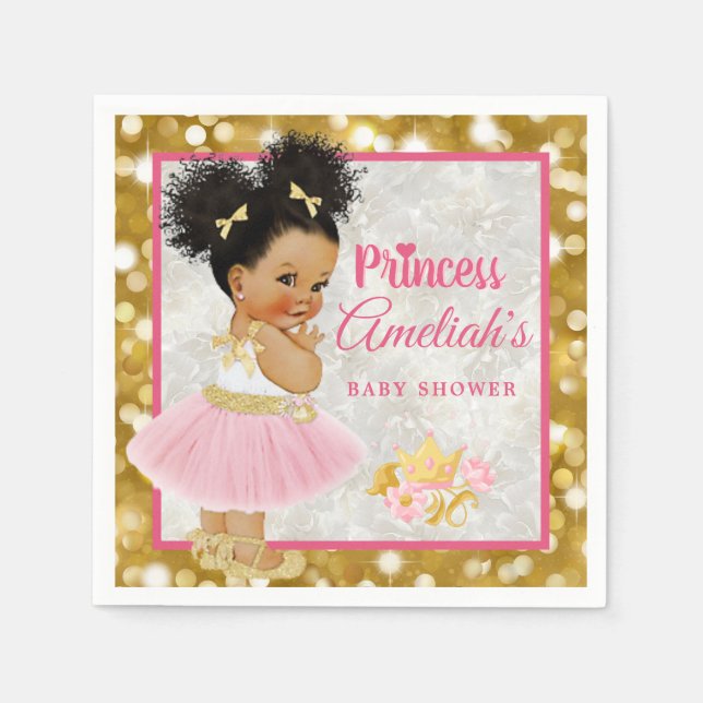 Afro Princess Ballerina Baby Girl Pink|Gold Fancy Napkin (Front)