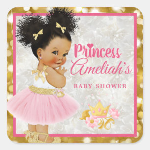 Afro Princess Ballerina Baby Girl Pink Gold Fancy Square Sticker