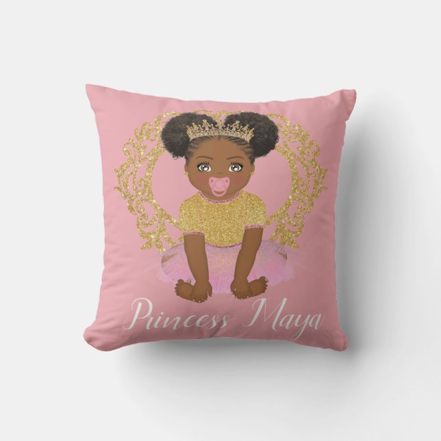 Afro Princess girl with tutu and gold crown Throw Cushion (Front)