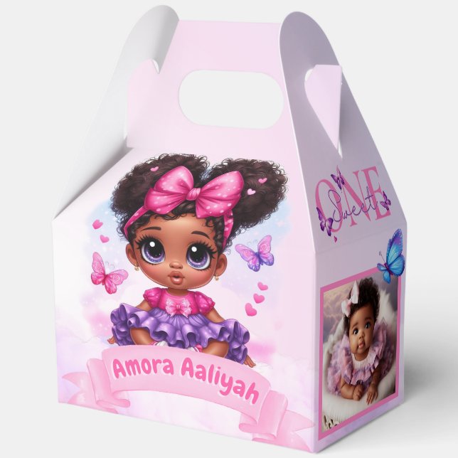 Afro Puff Baby Girl Butterfly Photo 1st Birthday Favour Box (Front)