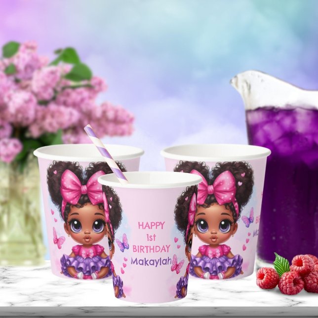 Afro Puff Baby Girl Pink/Purple Butterfly Birthday Paper Cups (Creator Uploaded)