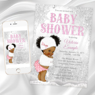 Afro Puff Girl Winter Wonderland Baby Shower Invitation