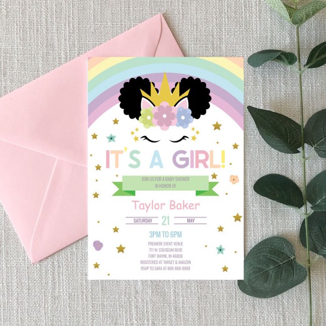 Afro Puff Unicorn and Rainbows Baby Shower Invitation (Creator Uploaded)
