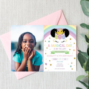Afro Puff Unicorn and Rainbows Birthday Party Invitation