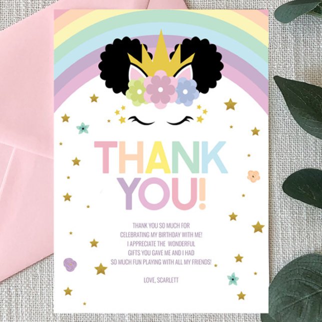 Afro Puff Unicorn and Rainbows Birthday Party Thank You Card (Creator Uploaded)