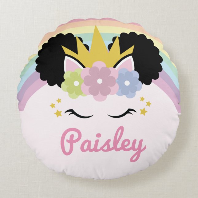 Afro Puff Unicorn Curly Hair Custom Name Round Cushion (Front)