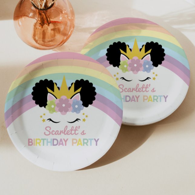 Afro Puff Unicorn Rainbows Birthday Party Paper Plate (Creator Uploaded)