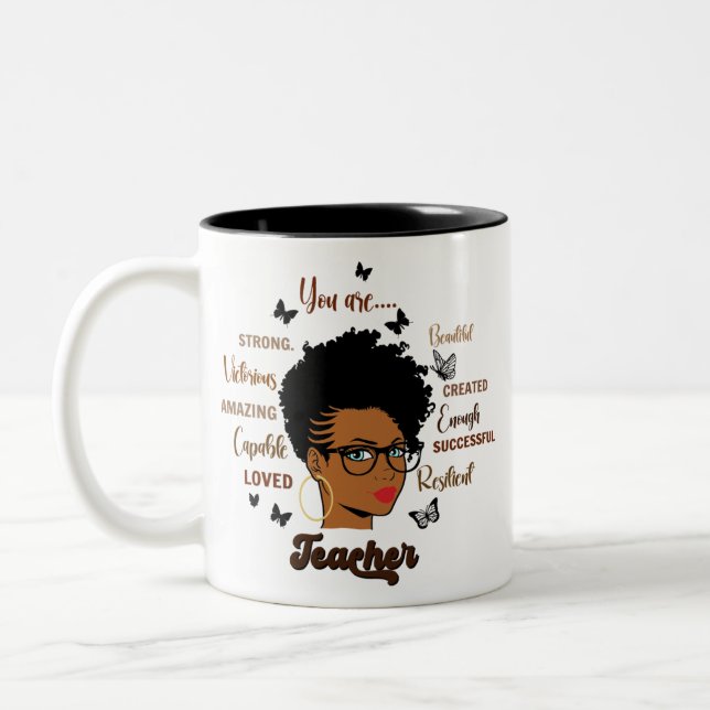 Afro Teacher Black Woman Teacher African American Two-Tone Coffee Mug (Left)