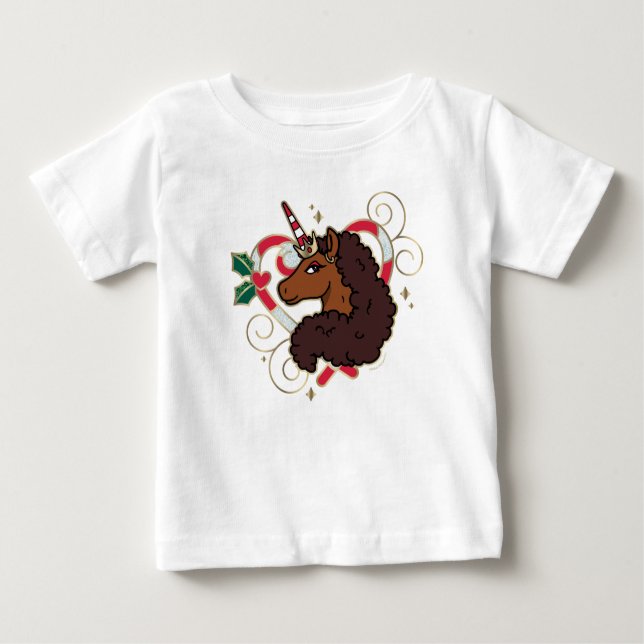 Afro Unicorn Candy Cane Heart Holiday Baby T-Shirt (Front)