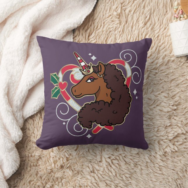 Afro Unicorn Candy Cane Heart Holiday Cushion (Blanket)