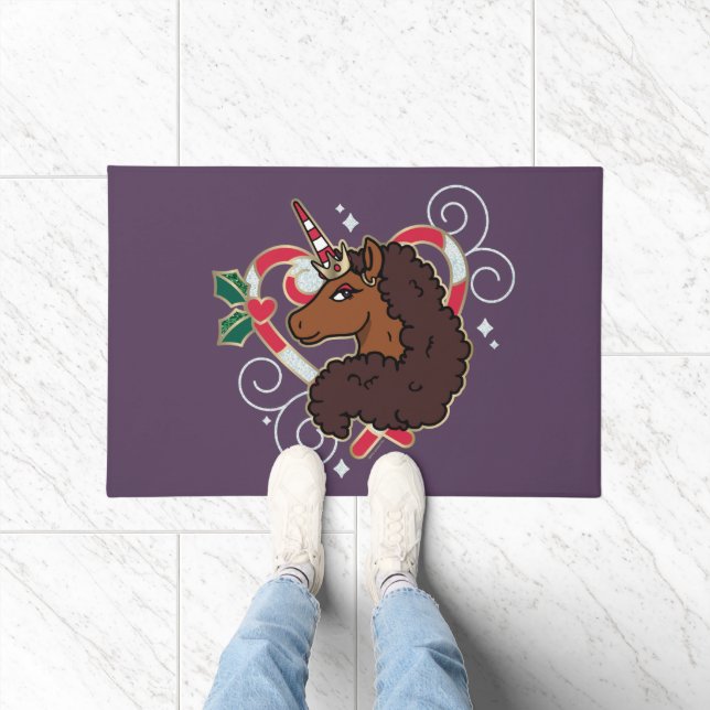 Afro Unicorn Candy Cane Heart Holiday Doormat (Indoor)