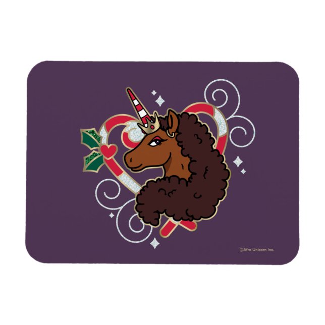 Afro Unicorn Candy Cane Heart Holiday Magnet (Horizontal)