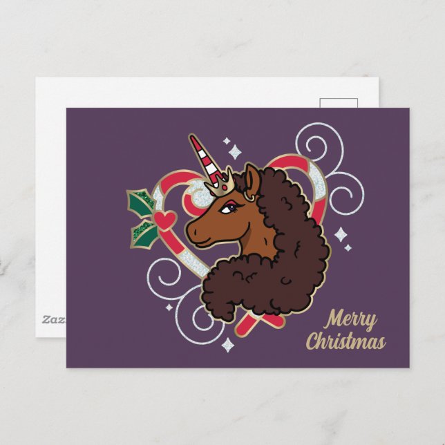 Afro Unicorn Candy Cane Heart Holiday Postcard (Front/Back)