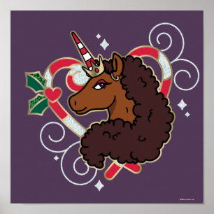 Afro Unicorn Candy Cane Heart Holiday Poster