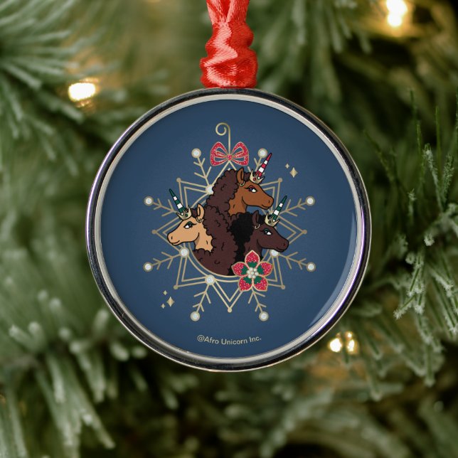 Afro Unicorn Festive Holiday Magical Metal Ornament (Tree)