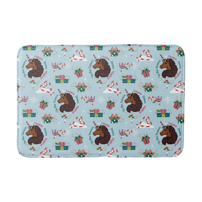 Afro Unicorn Holiday Pattern Bath Mat (Front)